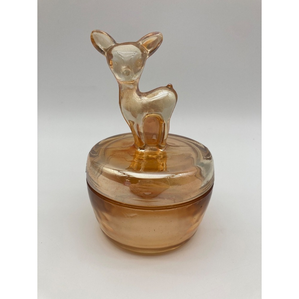 Vintage Jeannette Glass Marigold Carnival Fawn Deer Powder Jar Trinket Dish